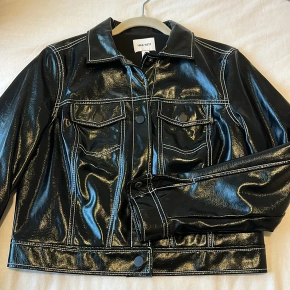 NWOT Nine West Faux Leather Biker Jacket in Black with White stitching Size S - Picture 4 of 13
